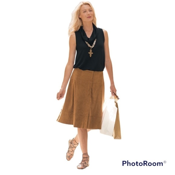 Soft Surroundings Soft Vegan Suede Camel Snap Up Skirt Size Large - Picture 1 of 6